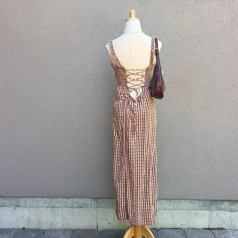 Free People Lucinda Plaid Midi Dress Size Large Lavender Combo NEW